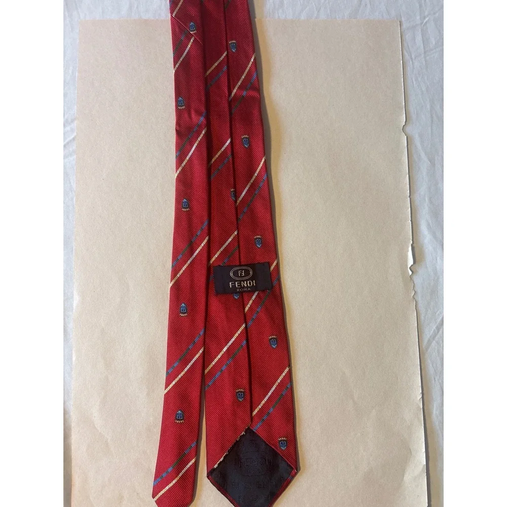 Fendi Silk‎ Necktie Mens OS Red Good Striped Crest Regimental Made in Italy